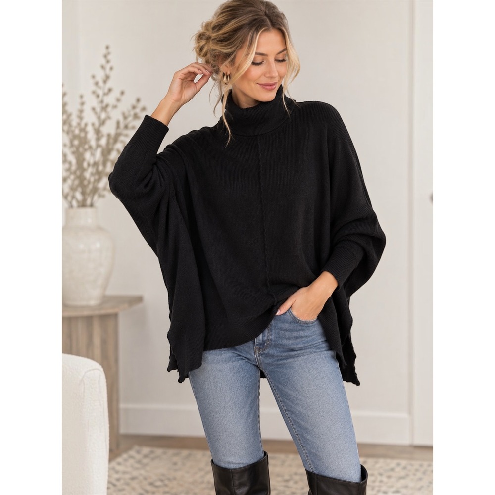 Crescent Women S Black Turtleneck Sweater Oversized Dolman Batwing Tunic Knit